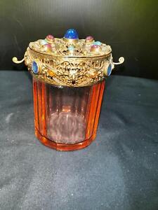 D261) ANTIQUE JEWELED DRESSER VANITY POWDER JAR BOX TRINKET GLASS 1900S CZECH