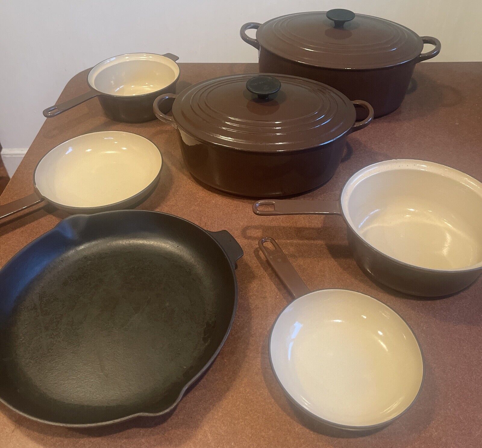 VTG Chocolate Brown Le Creuset Cast Iron Dutch Oven 9 Piece Set Made In France