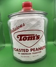 Vintage Tom’s Toasted Peanuts Clear Glass Jar - Red Handled Lid “amazing cond”