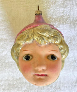 Antique German Glass Christmas Ornament - GIRL in TAM HAT w/ Applied GLASS EYES