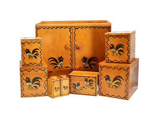VTG MCM Woodpecker Wood Ware Cabinet and Canister Set Rooster Farmhouse RARE