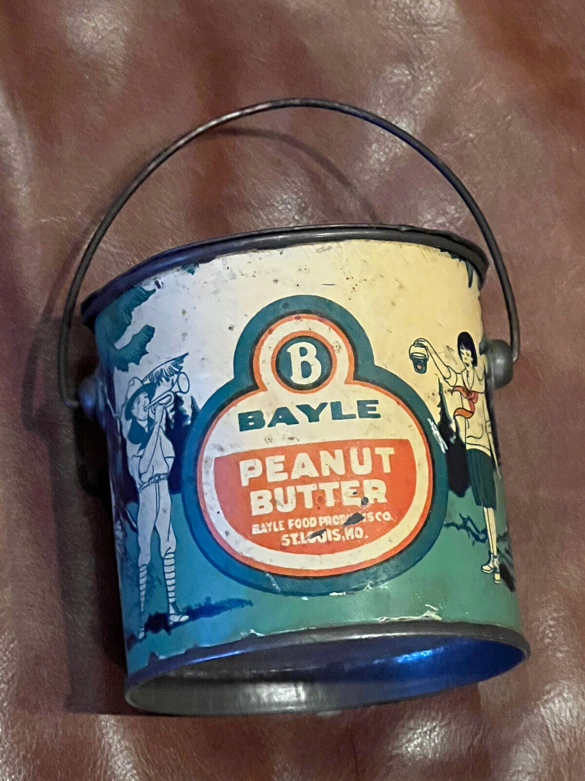 Vintage Early Bayle 12 Oz. Scout Peanut Butter Tin Pail with Lid and handle