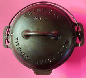 Cast Iron Griswold No. 6 Dutch Oven 2605 w/ Raised Letter Slant Logo Lid 2602 A
