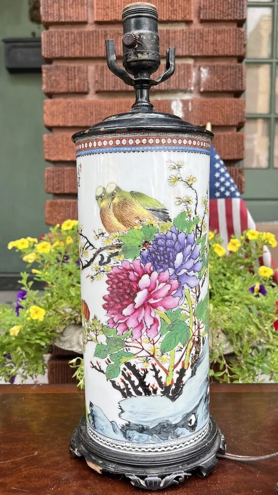 Vintage Chinese Hand Painted Porcelain Hat Wig Stand Lamp Floral Birds Unique