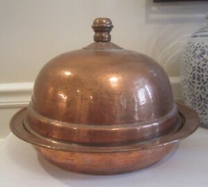 VINTAGE HAMMERED COPPER ROUND SERVING PLATTER WITH DOME LID EUROPEAN ANTIQUE
