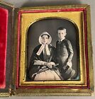 1/6 PLATE DAGUERREOTYPE OF YOUNG WOMAN HOLDING PARASOL + BOY HOLDING BRIMMED HAT