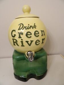 Vintage Green River Round Fountain Syrup Dispenser with Lid Metal Spigot
