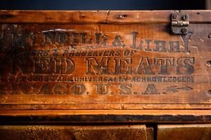 Vintage Libby Canned Meats WOOD CRATE, Chicago - hinged lid & make do handle