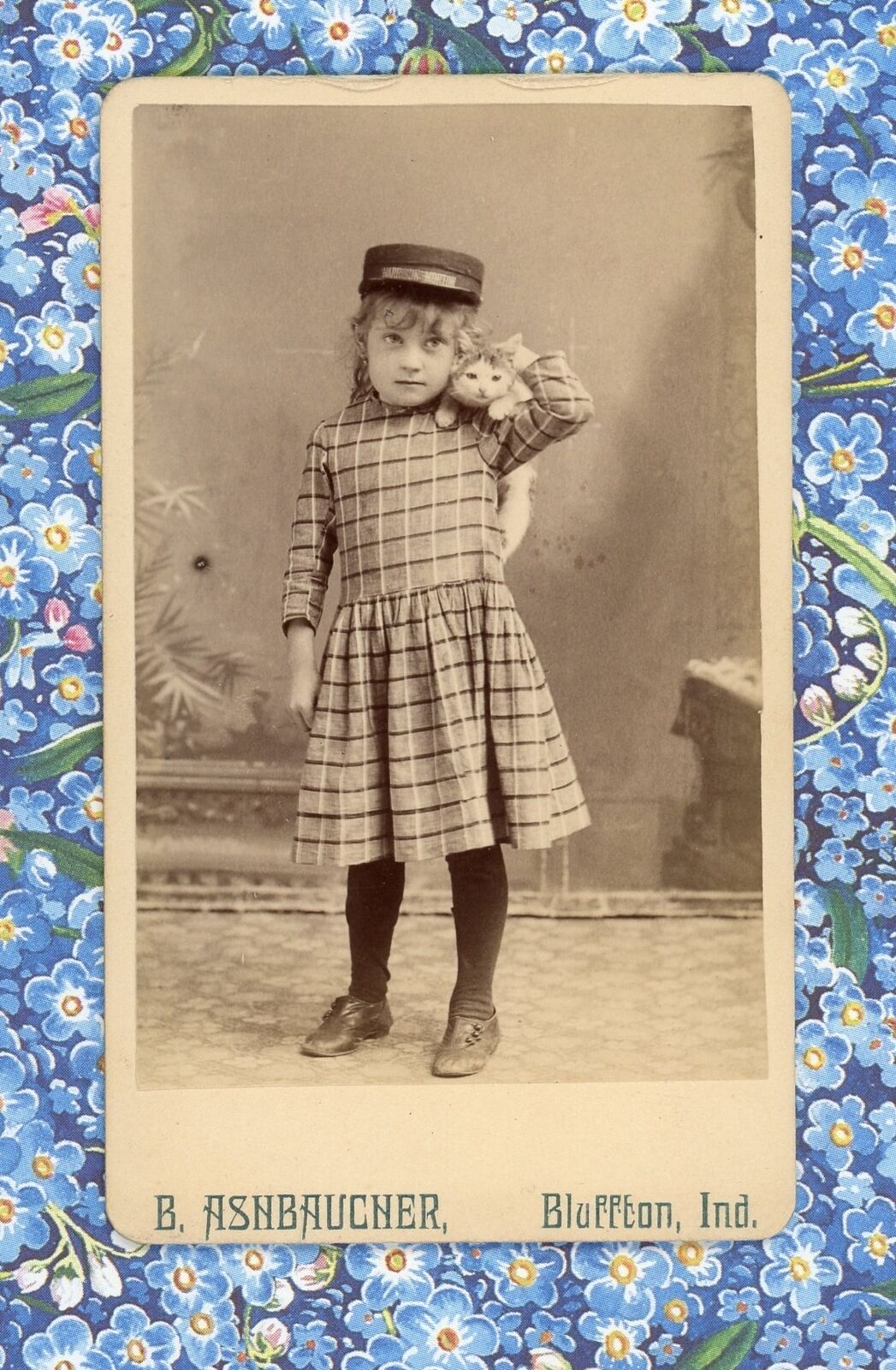 1880s GIRL W/ PRESIDENT HARRISON & NORTON CAMPAIGN HAT & CAT ON HER SHOULDER CDV