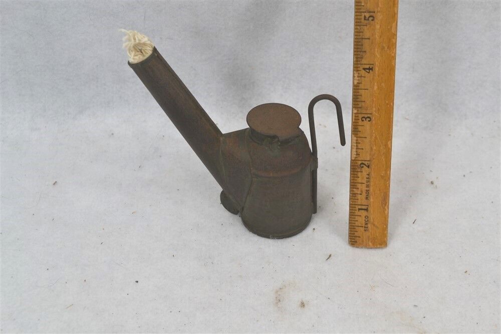 antique early tin miners lamp teapot 4 in. hat mount Trethaway Bros Pa 1895