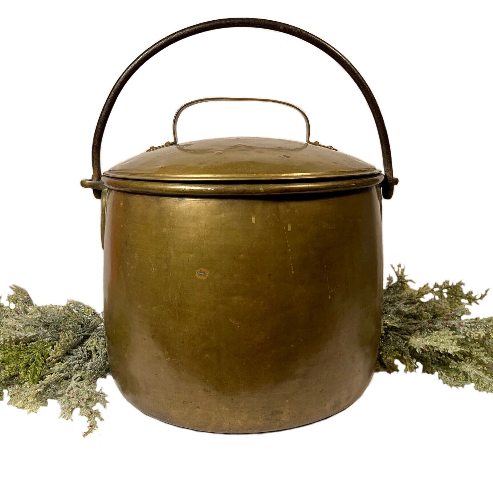 VTG Large Antique Brass & Metal Cauldron Kettle Pot + LID Handle Heavy Butter