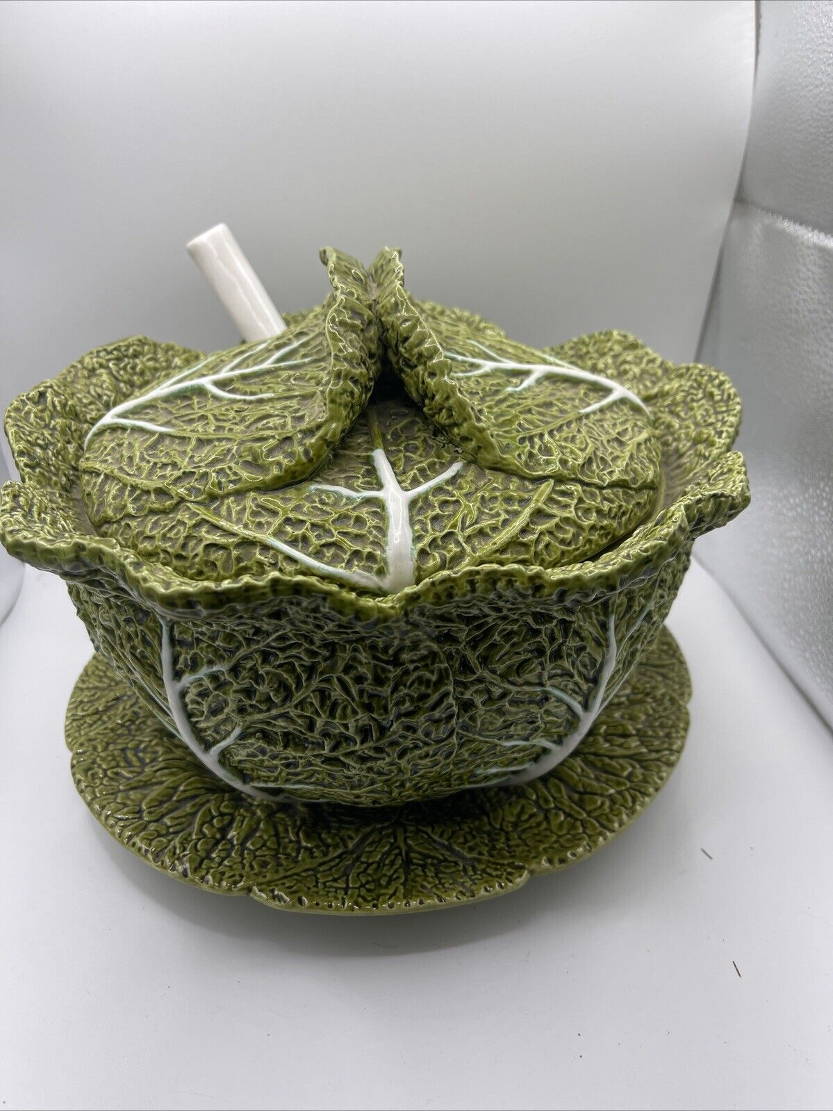 VTG Portugal 4 pc. Green Cabbage Tureen w/Ladle & Underplate MCM Oversized Stamp