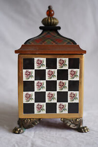 Vintage MacKenzie Childs Ceramic Torquay Check, Roses, Plaid Lidded Box - Large