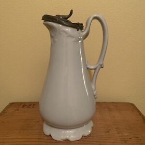 Rare 1800’s Antique White Ironstone Lidded Syrup Pitcher 8” Pewter Lid Scalloped