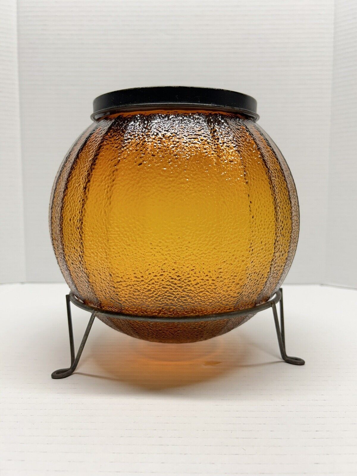 Vintage Hoosier Amber Stippled Glass Sugar Cracker Jar Canister W/ Stand & Lid