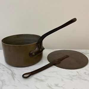 VTG E Dehillerin Paris Hammered Copper Pot Cast Iron Handle 8.5" W/ Lid RARE