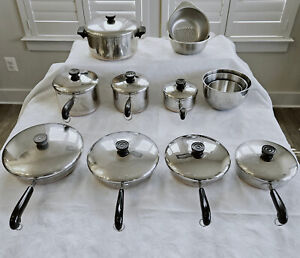 21 PC VINTAGE REVERE WARE STAINLESS STEEL COPPER CLAD POT PAN SET ALL SIZES LIDS