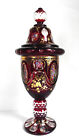 Antique Bohemian Ruby Red Overlay Cut Clear Gold Enamel Glass Pokal Vase Urn Lid