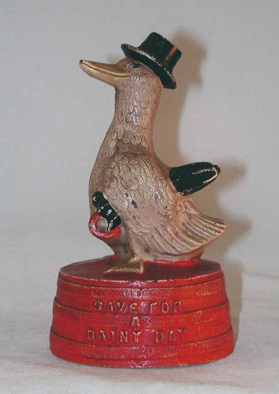 Vintage Cast Iron Hubley Still Bank Duck in Top Hat On Red Tub Original Paint