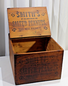 Antique Smith's Salted Peanuts Wooden Advertising Box Hinged Lid 17" x 11" x 11"