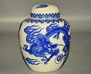Antique Original Vintage Chinese Blue & White Porcelain Dragon Jar Lid Urn Vase
