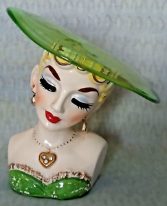 VINTAGE NAPCO 2P1938 ORIGINAL GREEN GLASS HAT LADY HEAD VASE NEAR MINT MARKED