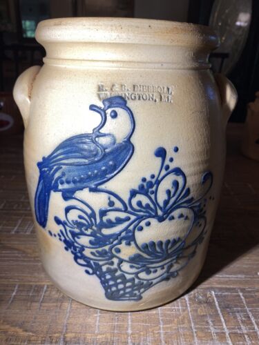 Vintage R & B Diebboll Washington MI Stoneware Pottery Crock Bird 10” With Lid