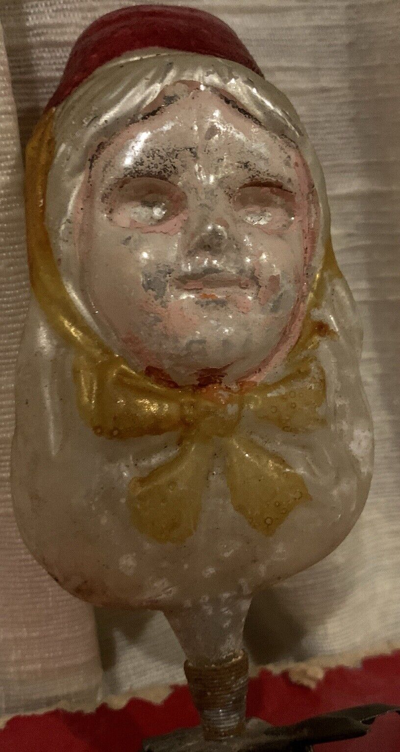 Antique German Glass Girl In RED Hat Clip On Victorian Christmas Ornament SWEET