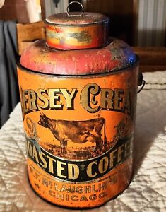 Original Vintage GIANT RARE JERSEY CREAM Coffee tin w Lid W F Mc LAUGHLIN & Co.