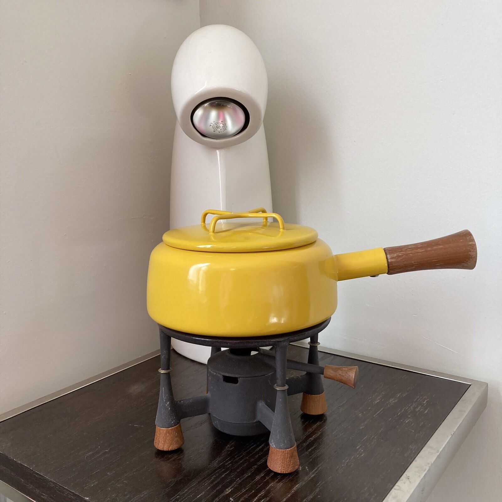 Vintage DANSK Kobenstyle Yellow Enamel Fondue Pot with Stand and Lid MCM