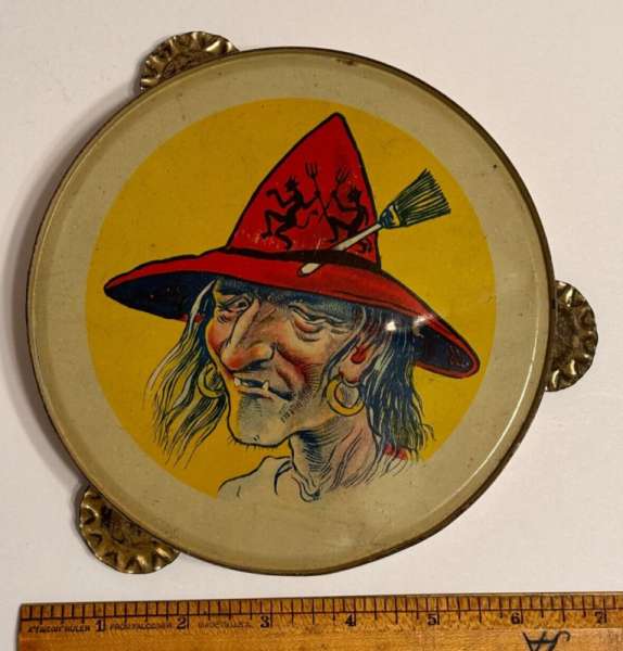 Vintage Halloween LITHOGRAPH WITCH DEVIL HAT TAMBOURINE color 6" metal German ?