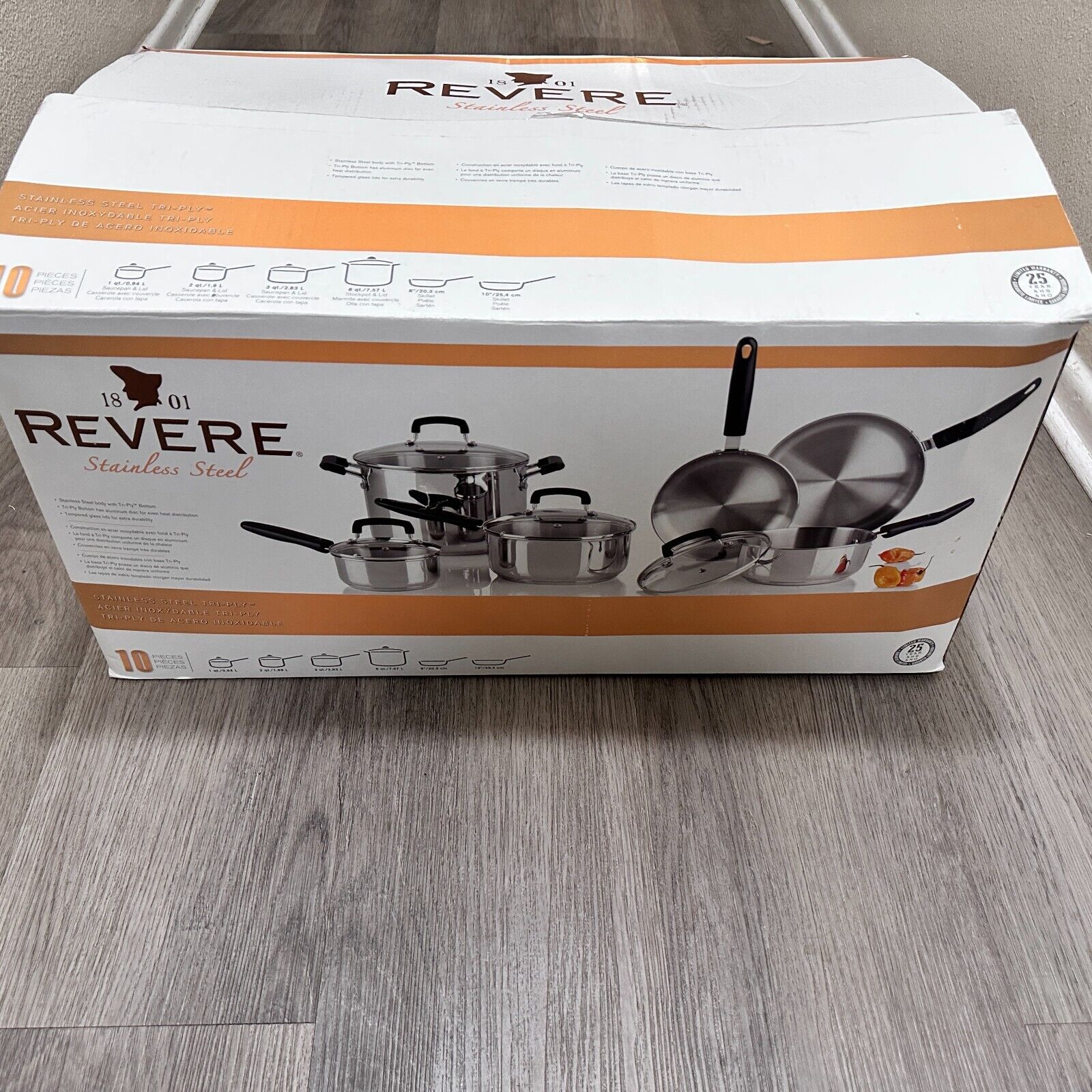 Revere 10-pc Stainless Steel Set with Tri-Ply Bottom New Open Box
