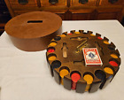 VTG 20 HOLE ROUND SPINNING CADDY WITH BAKELITE POKER CHIPS FULL W/LID, BY CONN