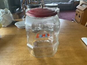 VINTAGE X-LARGE GLASS LANCE CRACKERS JAR W/METAL LID