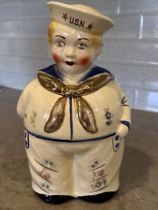 RARE 1940'S SHAWNEE USN SAILOR BOY GOB GOLD TRIM COOKIE JAR