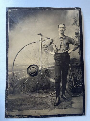 Large 7” X 5” Studio Antique Tintype Man & Penny Farthing Bicycle Hat On Wheel