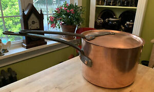 Antique M & D New York Copper 11 Qt Long Iron Handle Lidded Stock Sauté Pot