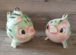 HTF Vintage Ceramic Anthropomorphic Mr & Mrs Fish Fishy Creamer Sugar Boy Girl