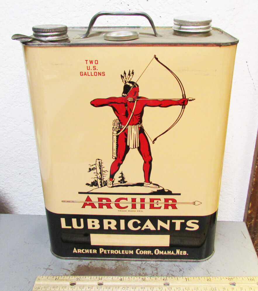 Unused Vintage Archer Oil / Lubricants 2 gallon tin NEW! w/ lids, spout, EMPTY