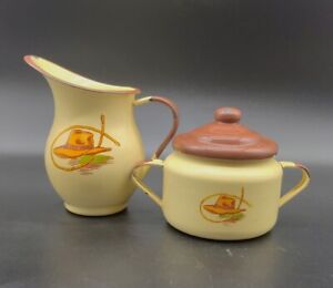 VTG Monterrey Western Ware Enamelware Creamer & Lidded Sugar Bowl Cowboy READ