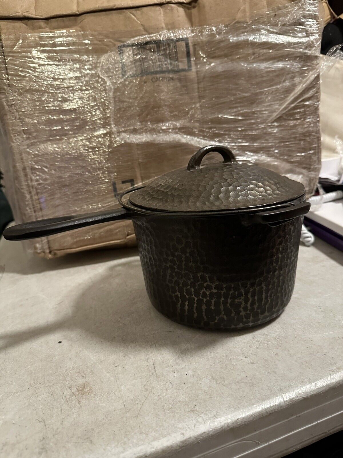 HTF Chicago Hardware Foundry Shallow Hammered Cast Iron Deep Fryer With Lid CHF