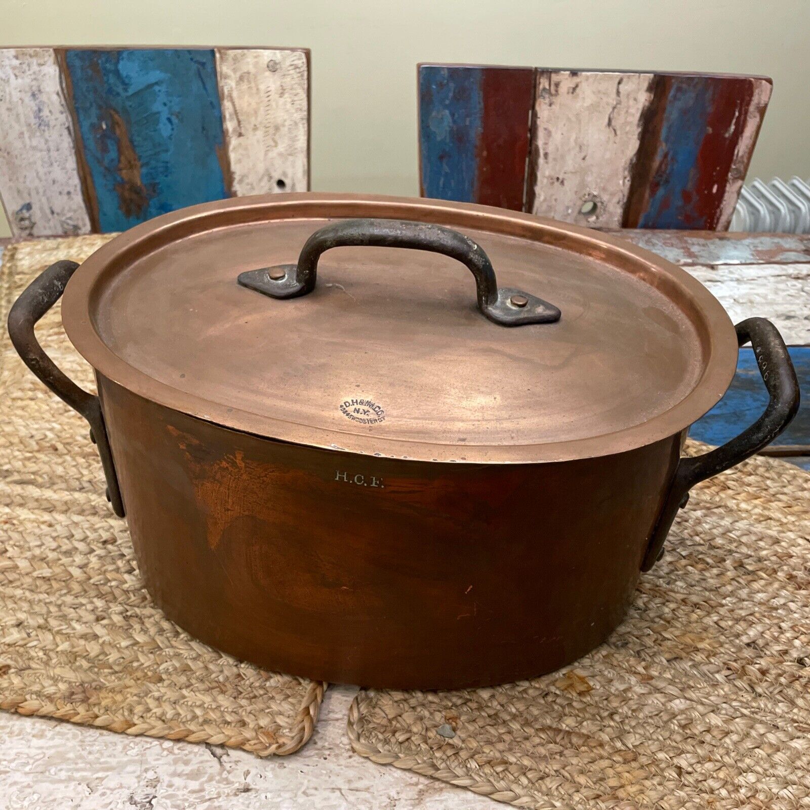 New ListingANTIQUE Duparquet DH & M CO. N.Y. LARGE COPPER POT LID #896 43 & 45 WOOSTER ST.