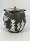 Antique Wedgwood Black Jasperware Biscuit Barrel Jar EPNS Silver Lid and Handle