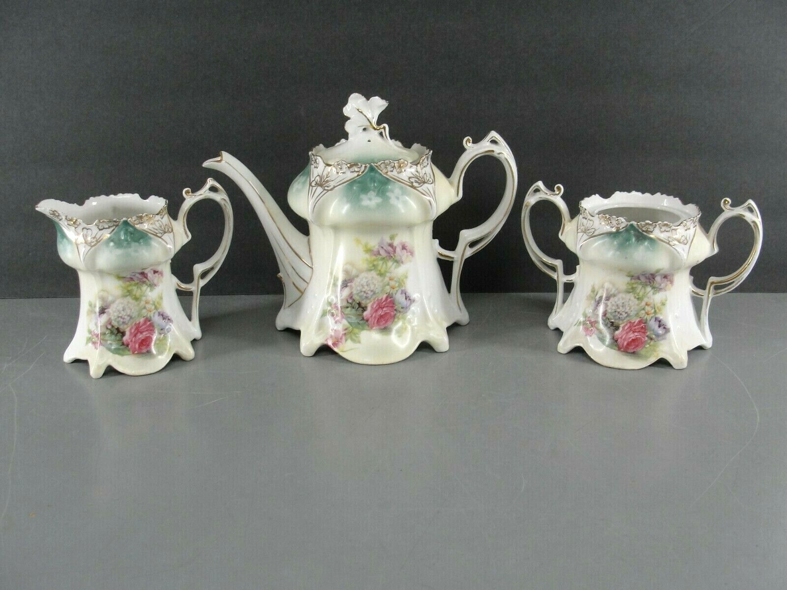RS PRUSSIA ANTIQUE HAND PAINTED PORCELAIN TEA SET ? TEA POT SUGAR CREAMER LOT 3