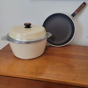 Vintage KF Kitchen Fair Cast Aluminum Double Handle Pot And Pan 12" Almond 1 Lid