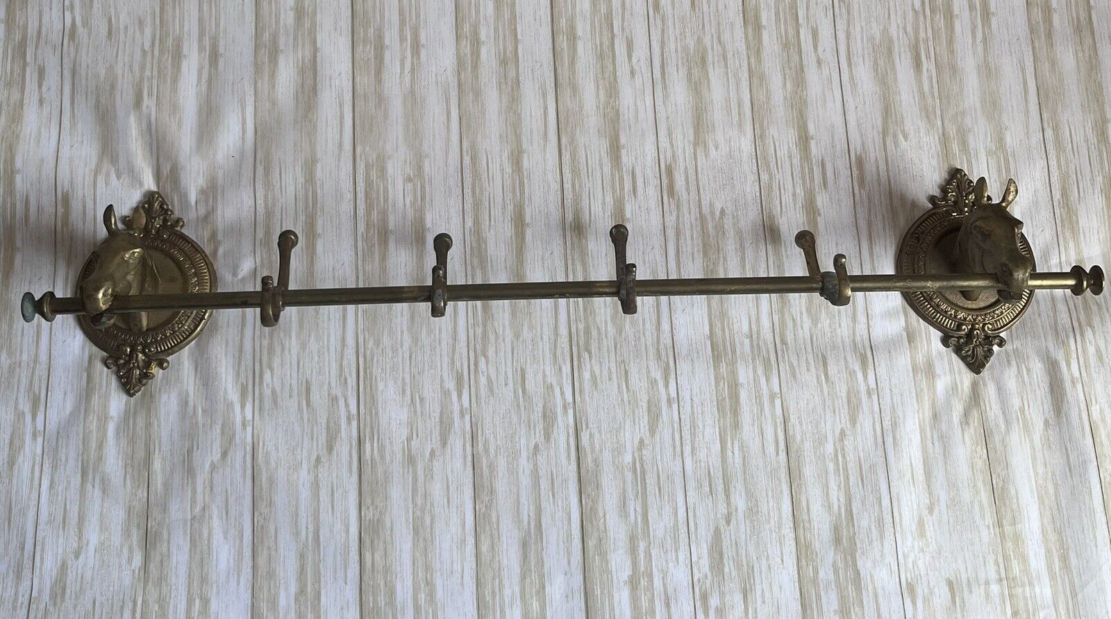 Vintage Mid Century Brass Horse Head Wall Coat/Hat Rack Equestrian 5 Hook - 39”