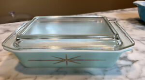 Vintage Pyrex 575-B Turquoise Gold Atomic Starburst Casserole Dish w/ Lid 2 Qt.