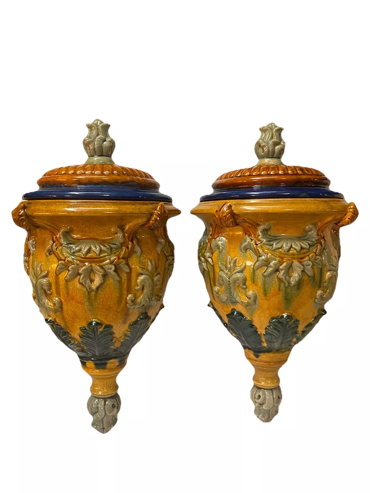 Vintage Pair John Richard Majolica Lidded Urns Wall Mount