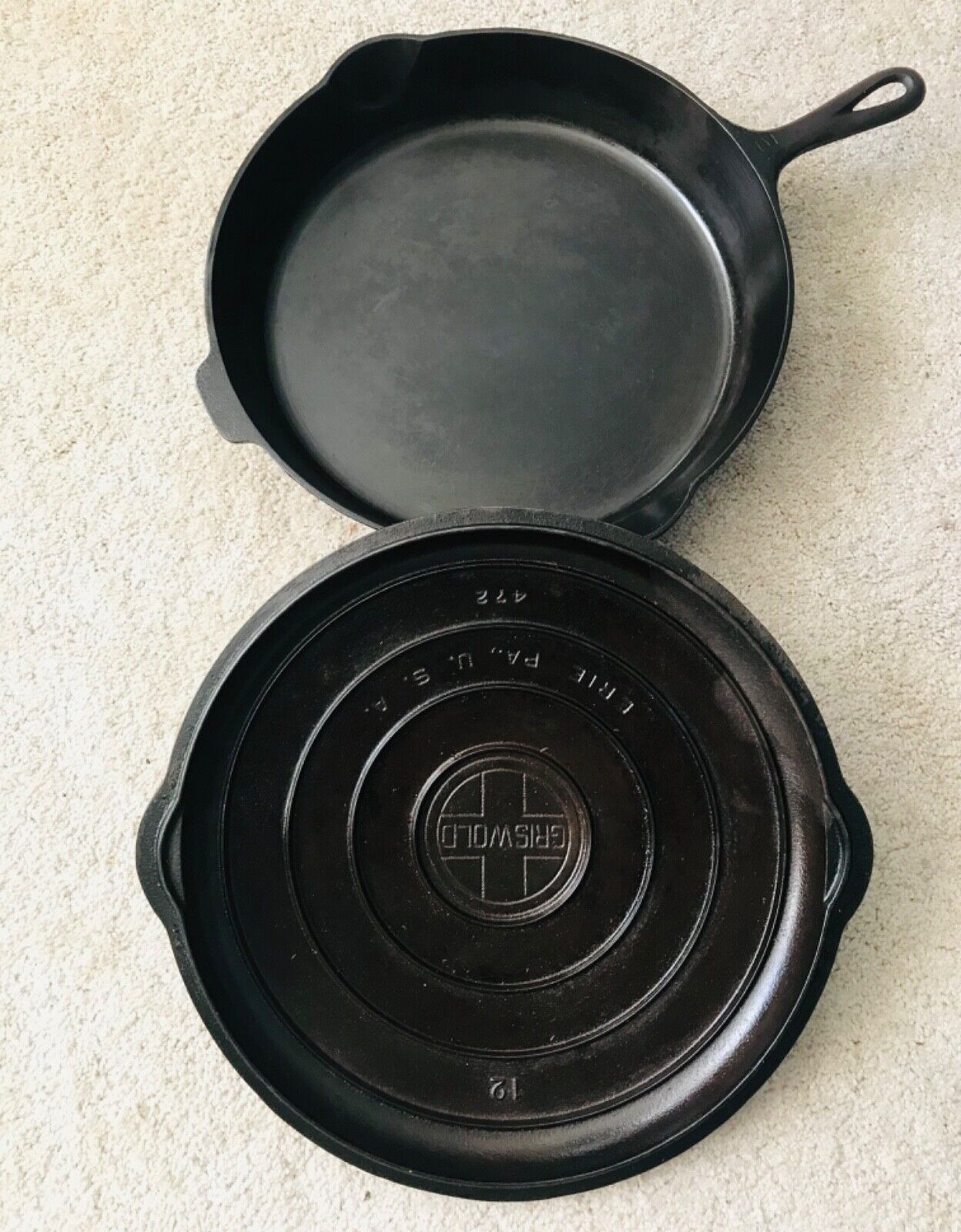 RARE Griswold #12 719B w/ #472 Lid ORIGINAL SET Small Logo Heat Ring EXCELLENT