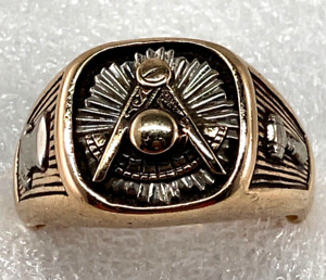 Vintage Masonic Past Master Ring 10K Yellow Gold Size 13 1/2 Top Hat & Gavel